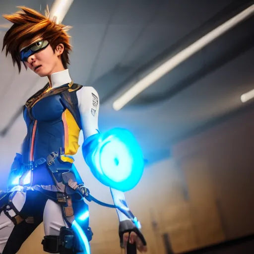 Prompt: tracer from overwatch as a real person, cinematic, volumetric lighting, f 8 aperture, cinematic eastman 5 3 8 4 film, photorealistic