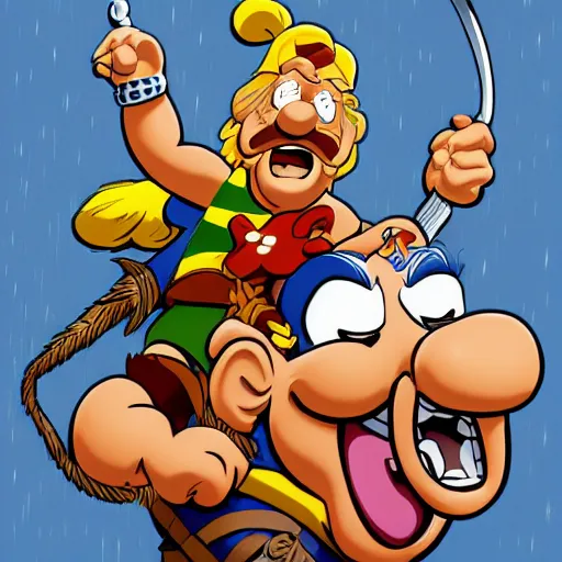 Prompt: picture of asterix and obelix by an american comics author, digital art, award winning, trending on artstation