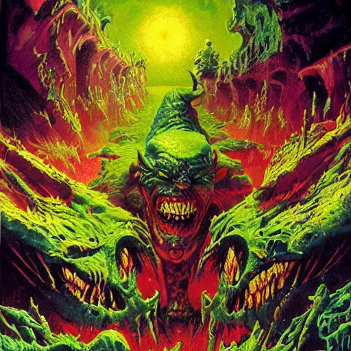 Image similar to green goblin in hell by paul lehr and moebius