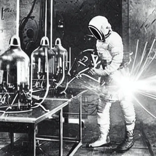 Image similar to old photograph of an astronaut in a futurist lab doing occult experiments on an alien