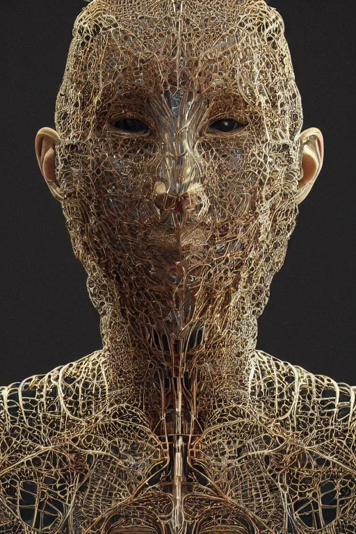 Image similar to a melancholic realistic 8k Sculpture of a complex robotic human face, liquid simulation, bright psychedelic color, dramatic lighting, silver gold red details, hexagonal mesh wire, filigree intricate details, cinematic, fleshy musculature, white blossoms, elegant, octane render, art nouveau, 8k post-processing, intricate art by John Collier and Albert Aublet and Krenz Cushart and Artem Demura and Alphonse Mucha