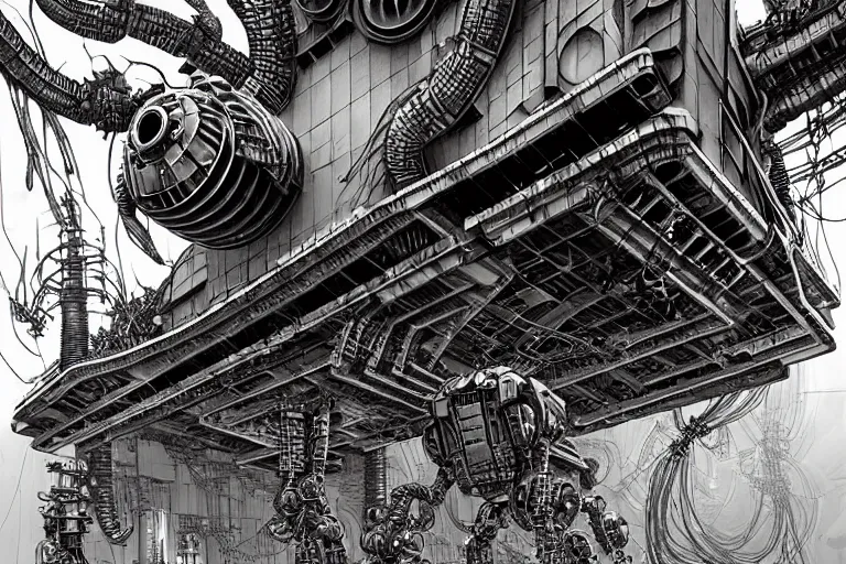 Image similar to dieselpunk huge robotic dragonfly, inside an gigantic underground concrete doom hangar, interior structure, drains, storm drains, jungle, vines, algea, cables, panels, walls, ceiling, floor, doors, brutalist architecture, intricate ink drawing, highly detailed in the style of Ashley Wood, moebius and Tsutomu Nihei, photorealistic, cinematic, intricate detail, well lit,