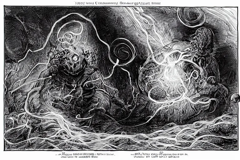 Image similar to Outside the ordered universeis that amorphous blight of nethermost confusion which blasphemes and bubbles at the center of all infinity—the boundless daemon sultan Azathoth, whose name no lips dare speak aloud, and who gnaws hungrily in inconceivable, unlighted chambers beyond time and space amidst the muffled, maddening beating of vile drums and the thin monotonous whine of accursed flutes. Colored. From artstation Painted by Wayne Barlowe and Zdislav Beksinski