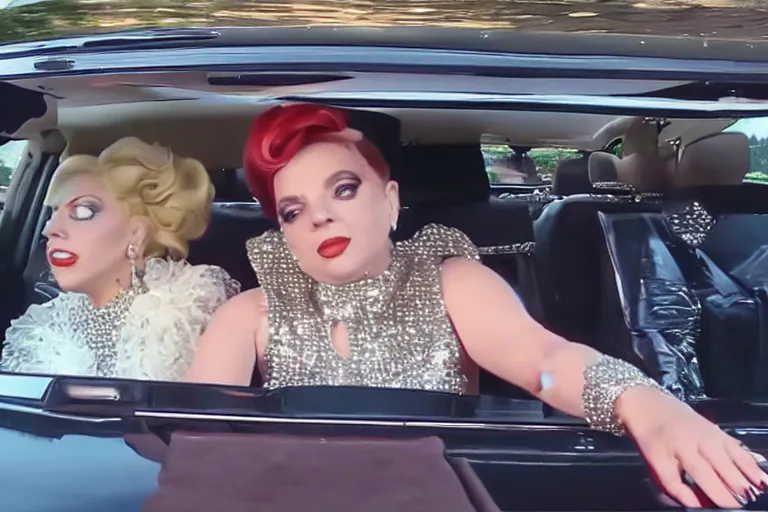 Image similar to lady gaga and judy garland doing carpool karaoke, lady gaga and judy garland, carpool karaoke, lady gaga, judy garland, carpool karaoke, youtube video screenshot, the late late show with james corden