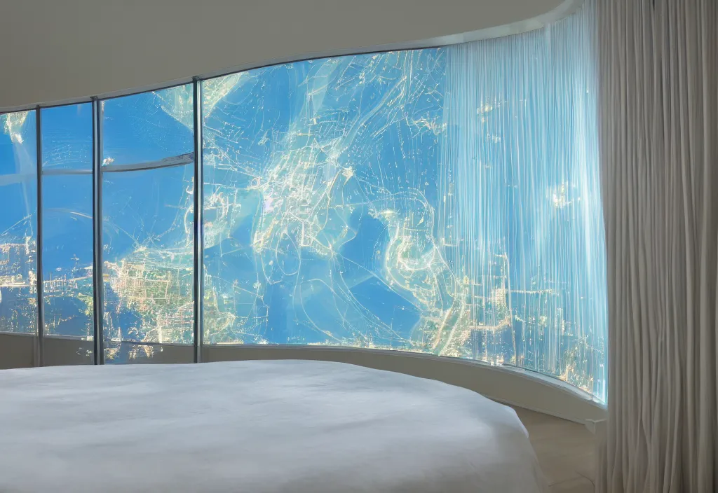 Image similar to curved translucent windows projecting florida holographic weathermap, thin glowing lights, bedroom, visor, users, pair of keycards on table