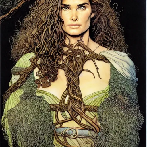 Image similar to a realistic, very beautiful and atmospheric portrait of young brooke shields as a druidic warrior wizard looking at the camera with an intelligent gaze by rebecca guay, michael kaluta, charles vess and jean moebius giraud