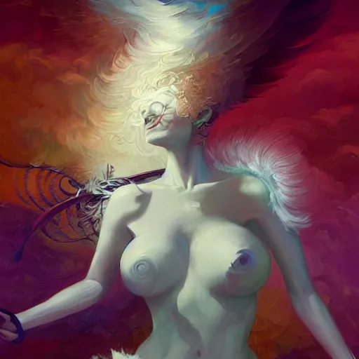 Image similar to a painting of a woman who made of curly white feathers which with red edges is holding a sword, a digital painting by peter mohrbacher, trending on artstation, metaphysical painting, speedpainting, made of feathers, digital painting, holographic undertones, highly saturated colors, 4 k, digital art, concept art, trending on artstation