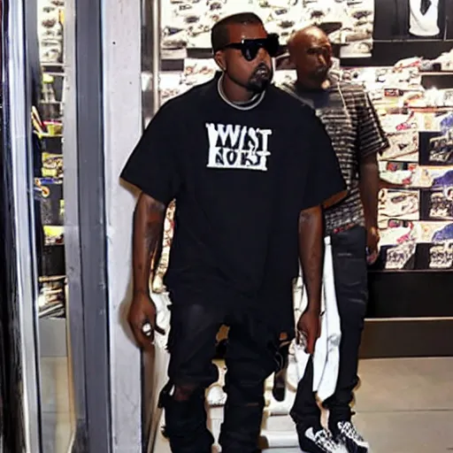 Prompt: surveillance footage of Kanye West shopping for Shows at Foot Locker