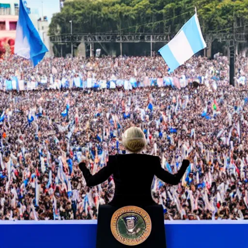 Image similar to Lady Gaga as president, Argentina presidential rally, Argentine flags behind, bokeh, giving a speech, detailed face, Argentina