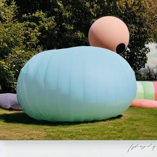 Image similar to a pastel colour high fidelity wide angle Polaroid art photo from a holiday album at a seaside with abstract inflatable parachute furniture, spheres. A sculpture named ‘self care” is the focal point, all objects made of transparent iridescent Perspex and metallic silver fabric, a grid of sun beds iridescence, nostalgic