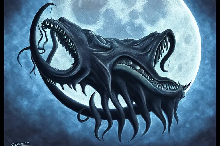 Prompt: Bob Belcher Cthulhu chimera on the photorealistic moon surface, high detail, movie poster, lunar, silhouetted