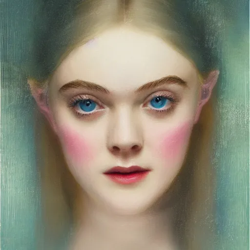 Image similar to professional painting of Elle Fanning in the style of Delphin Enjolras, head and shoulders portrait, symmetrical facial features, smooth, sharp focus, illustration, intricate, stormy weather, extremely detailed masterpiece,