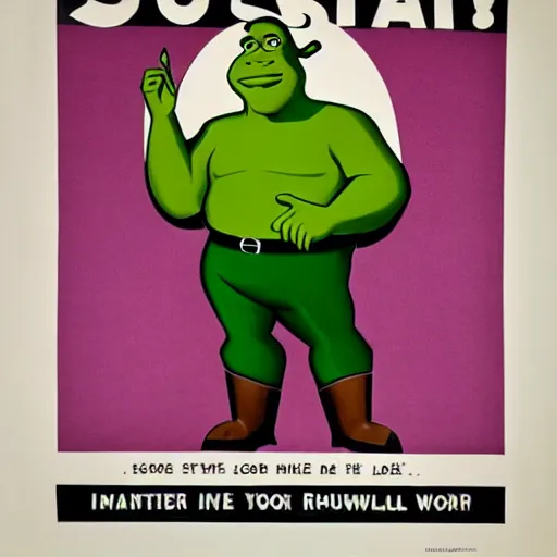 Image similar to 1 9 5 0 s style labor poster of shrek working as a retail worker