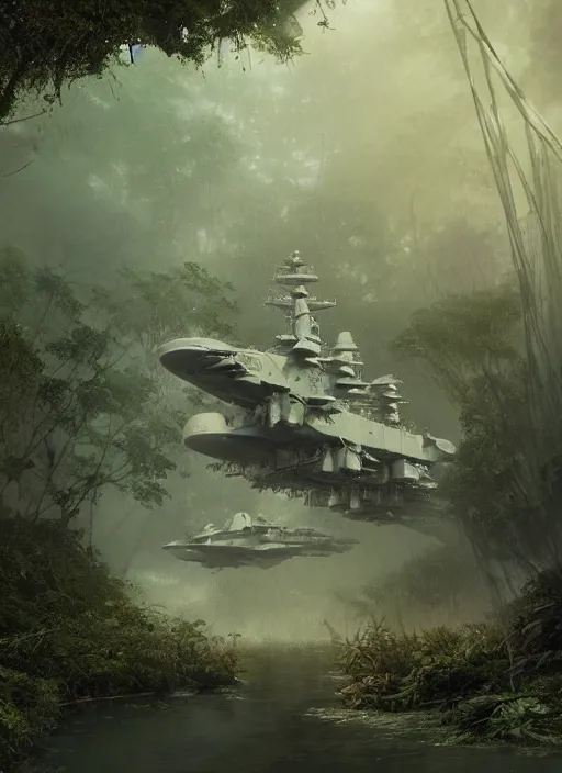 Image similar to aircraft carrier USS Nimitz overgrown with vegetation laying on the ground of a tropical forest, post appocalyptic, by Luis Royo, by Greg Rutkowski, dark, gritty, intricate, cover illustration, concept art, volumetric lighting, volumetric atmosphere, sharp focus, octane render, trending on artstation, 8k