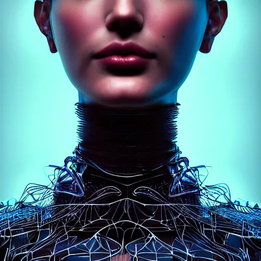 Image similar to closeup portrait of an absurdly beautiful, graceful, sophisticated, fashionable cyberpunk mechanoid gravure idol, an ultrafine hyperdetailed illustration by irakli nadar, matt wisniewski style, fashion photography, intricate linework, porcelain skin, jellyfish headdress, unreal engine 5 highly rendered, global illumination, radiant light, detailed and intricate environment