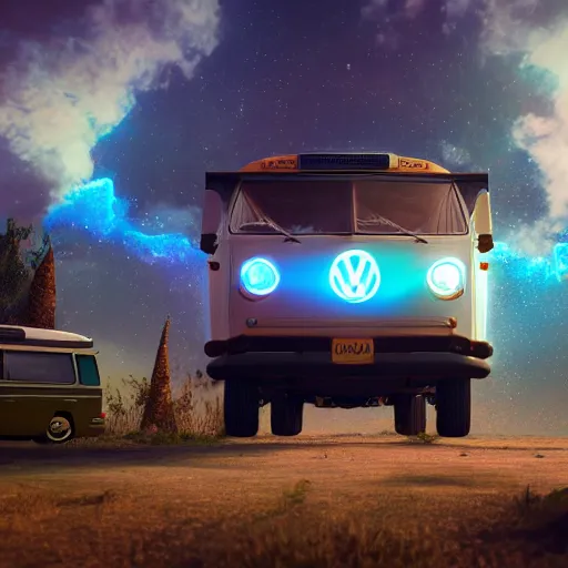 Image similar to bizarre interdimensional scene of a time-traveling VW microbus loaded with space hippies jaunting through a wormhole into the unknown. ultra-wide shot, detailed, trending on artstation, light effect, 8k, unreal engine 5, epic, masterpiece, highly detailed