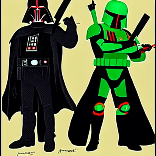 Prompt: cartoon of darth vader and boba fett standing proudly shoulder to shoulder