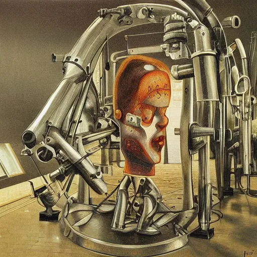 Image similar to i'm machine, i'm obsolete, in the land of the free, lobotomy. beautiful and detailed painting by grislaw ludovek ( 1 9 7 5 ).