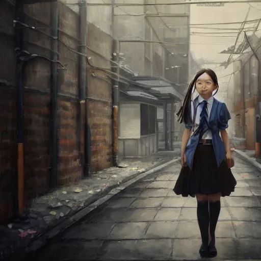 Image similar to a perfect, realistic professional oil painting of a Japanese schoolgirl posing in a dystopian alleyway, style of Marvel, full length, by a professional American senior artist on ArtStation, a high-quality hollywood-style concept