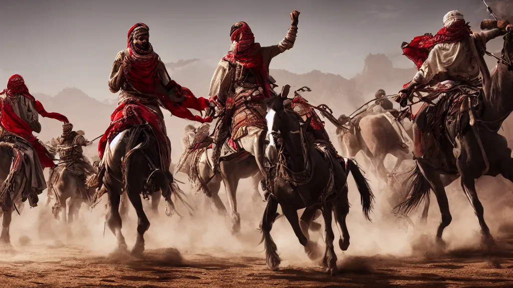 Prompt: a desert concept art with an arab warrior wearing a white and red arab keffiyeh riding a black horse running from left to right wide shot, cinematic, ultra real, 4 k, highly detail