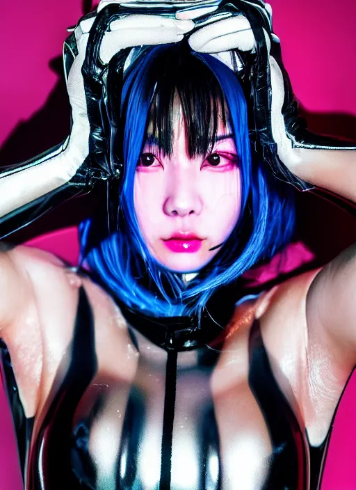 Image similar to a close-up risograph long shot of cyberpunk japanese model girl with black eyes and pretty face wearing latex catsuit and lots of transparent and cellophane accessories, blue hour, twilight, cool, portrait, Kodachrome, ISO1200,