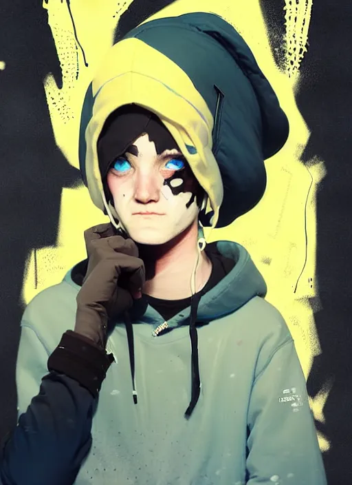 Image similar to highly detailed portrait of a sewerpunk student, blue eyes, hoody, beanie hat, white hair by atey ghailan, by greg rutkowski, by greg tocchini, by james gilleard, by joe fenton, by kaethe butcher, gradient yellow, black, brown and cyan color scheme, grunge aesthetic!!! ( ( graffiti tag wall background ) )