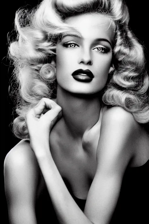Prompt: stunning award - winning herb ritts portrait of a beautiful fashion model. shiny glossy blonde hair. highly detailed shiny curls. retro makeup. vintage hollywood glamour. glossy lips. supermodel. black and white photography. vogue. nikon 5 0 mm f / 1. 6
