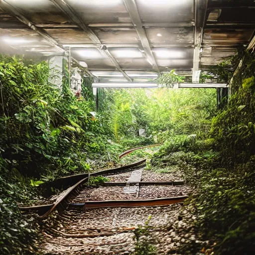 Prompt: an abandoned subway station overgrown with foliage, sun beams shining from the street above