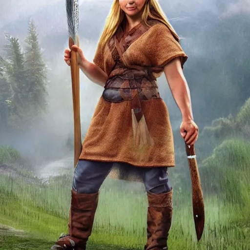 Prompt: an female viking wearing short sleeved robes holding an giant axe