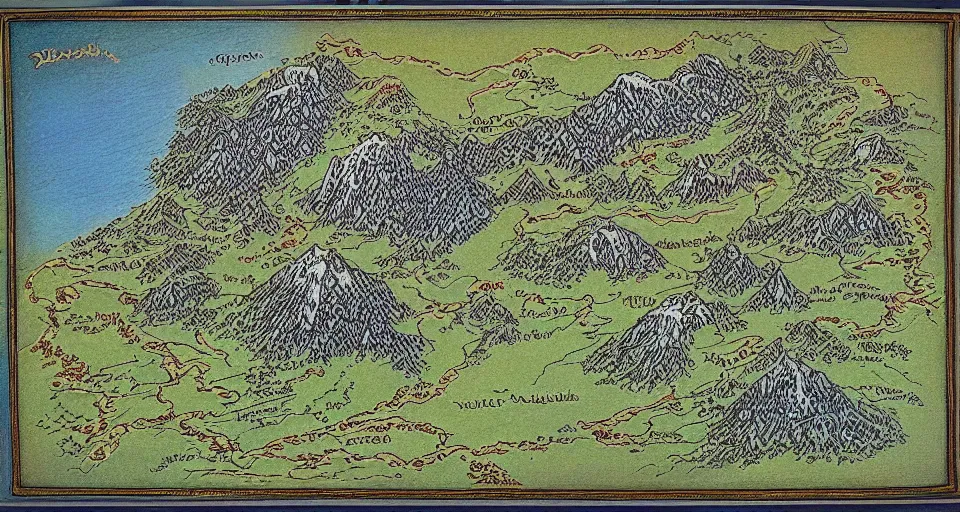 Image similar to Masterfully drawn mspaint art piece of middle-earth by J.R.R. Tolkien. Locations labeled. Amazing beautiful incredible wow awe-inspiring fantastic masterpiece gorgeous fascinating glorious great.