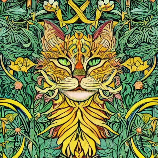 Image similar to colourful green man cat by walter crane and william morris, 8 k, artstation