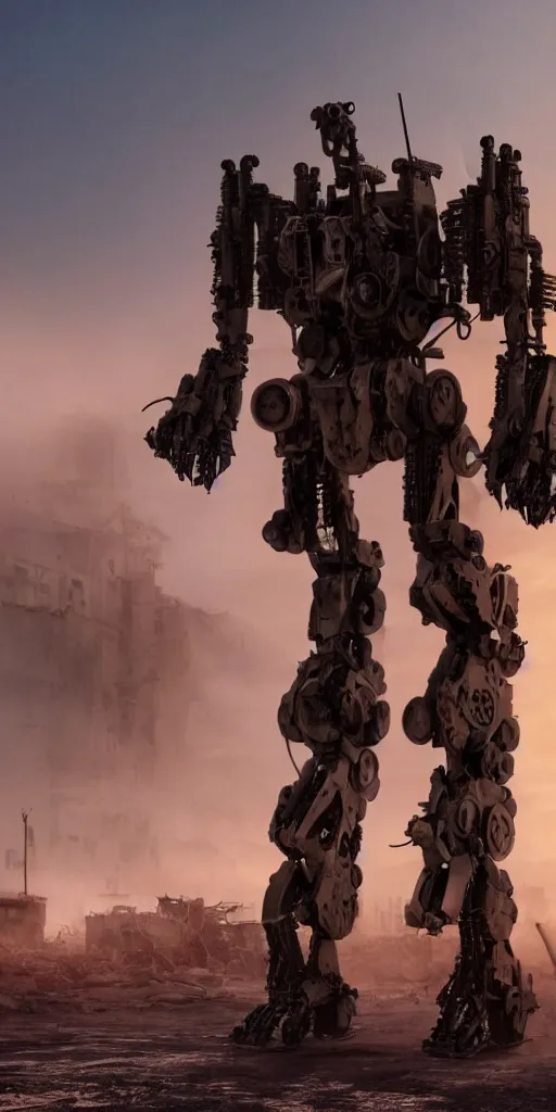 Prompt: a film still of a highly detailed mech with two legs and armor plates, it ’ s a blend of machinery, meat and bones, standing in a war torn city street, low lying fog, sunset, wide shot,