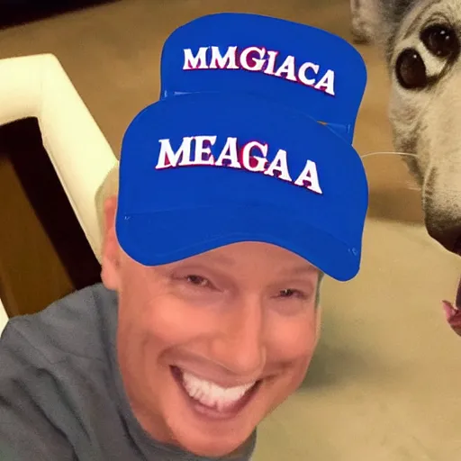 Image similar to doge wearing a make america great again cap, realistic,