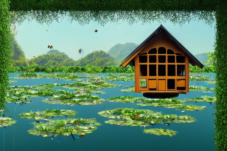 Prompt: simplicity, elegance, foliage overgrowing favela honeybee hive, art nouveau environment, glass houses, floating lily pads, award winning art, epic dreamlike fantasy landscape, ultra realistic,