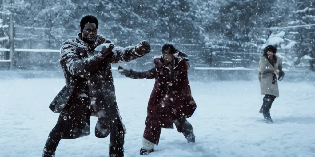 Image similar to a film still of a black man in the snow starring in a japanese blockbuster film tekken 7, shallow depth of field, cinematic, award winning cgi, vfx, film still