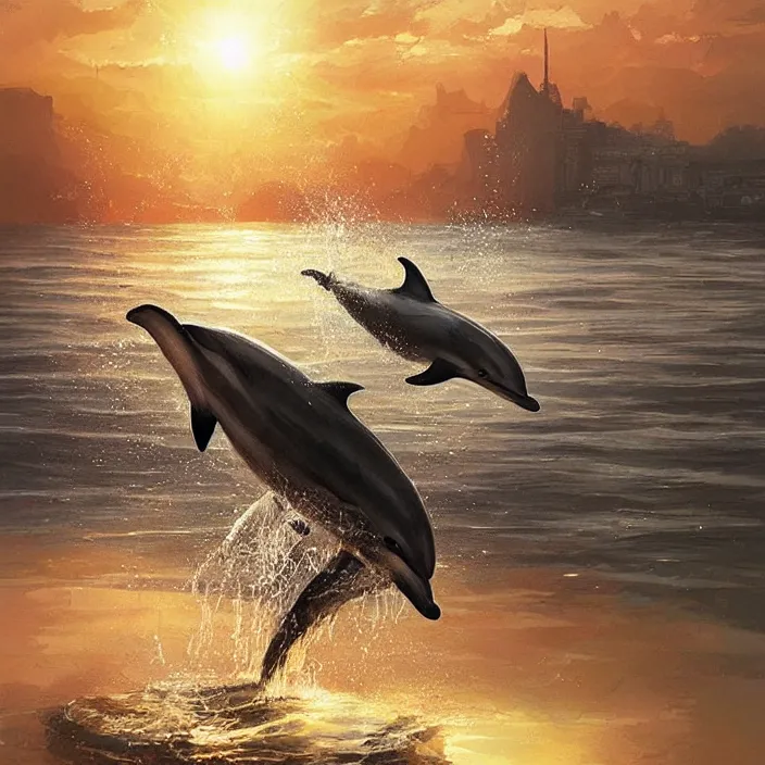 Prompt: dolphin swimming, golden hour, god rays, by artgerm and ismail inceoglu, masterpiece, beautiful, intricate, elegant, highly detailed