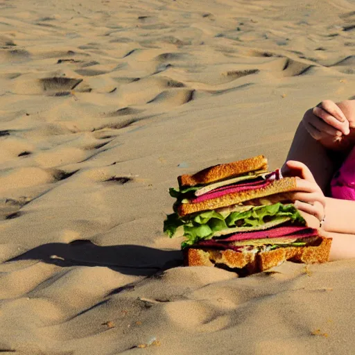 Image similar to a Sand Witch is eating a sandwich on sand which is sandy.