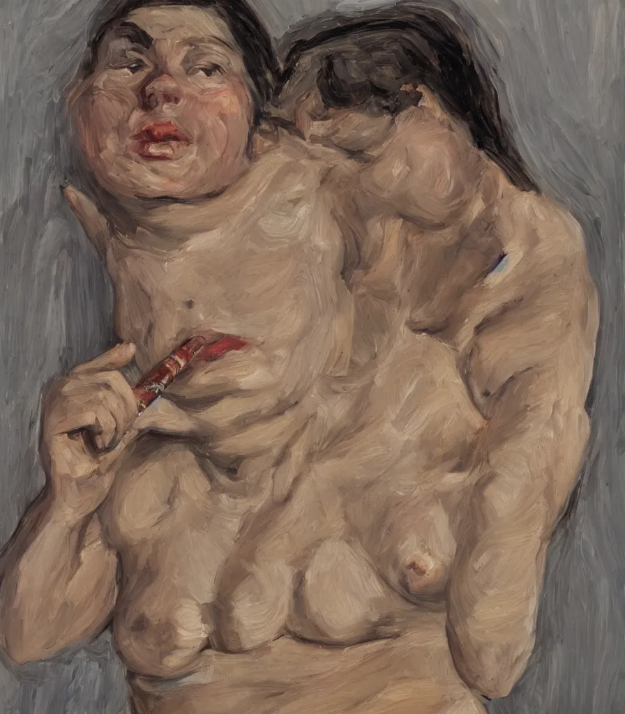 Image similar to the face and shoulders of a young woman without shirt in the style of lucian freud. smoking a cigarette. one hand is reaching behind he head. face has many wrinkles, cuts and character. he is looking down. oil painting, thick brush strokes. shadows. clean gray brown background. lit by a single light from above his head. perspective from below. 5 0 mm