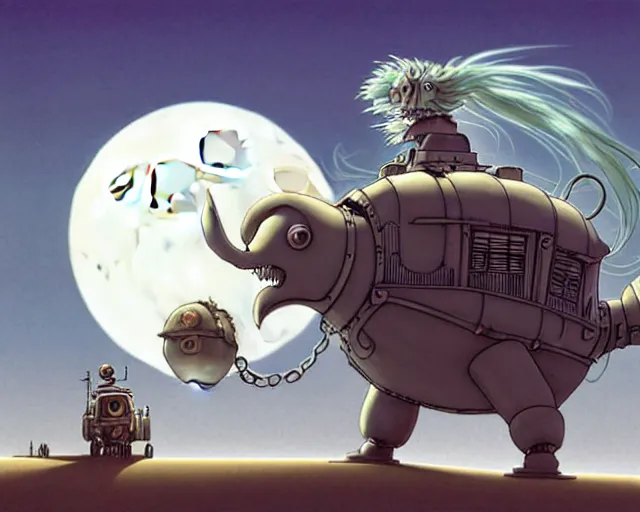 Prompt: a cell shaded cartoon grey lovecraftian mechanized griffon from howl's moving castle ( 2 0 0 4 ), with a big head, on a desert road, wide shot, in front of a big moon, muted colors, post grunge, josan gonzales, wlop, by james jean, victor ngai, hq, deviantart, art by artgem
