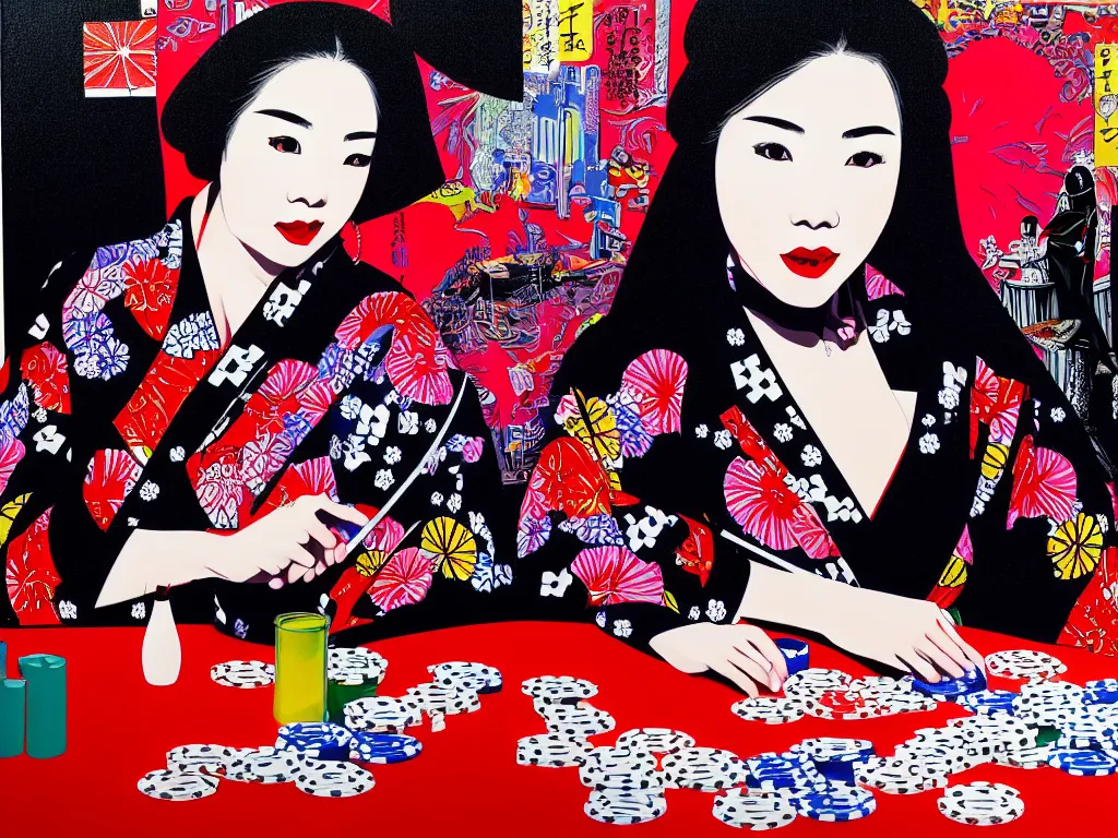 Image similar to hyperrealism composition of the detailed woman in a japanese kimono sitting at an extremely detailed poker table with darth vader, fireworks on the background, pop - art style, jacky tsai style, andy warhol style, acrylic on canvas