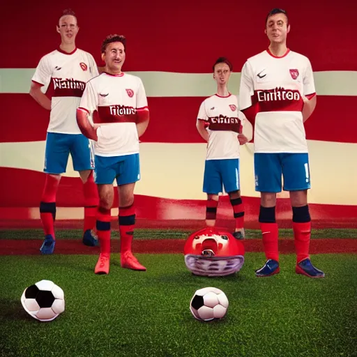 Prompt: a promo portrait of anthropormorphic hot dogs in arsenal soccer jerseys playing football, happy,