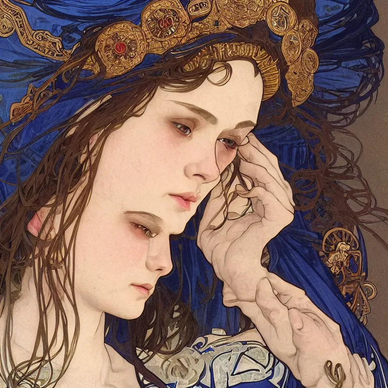 Image similar to Portrait close-up of a Slavic female cleric with kerchief covering her ears. Blue eyes, black hair, porcelain skin, full lips, high slanted cheekbones. Fantasy art by alphonse mucha, intricate, elegant, highly detailed, dramatic lighting, illustration, award winning on artstation, D&D, Dungeons and Dragons.