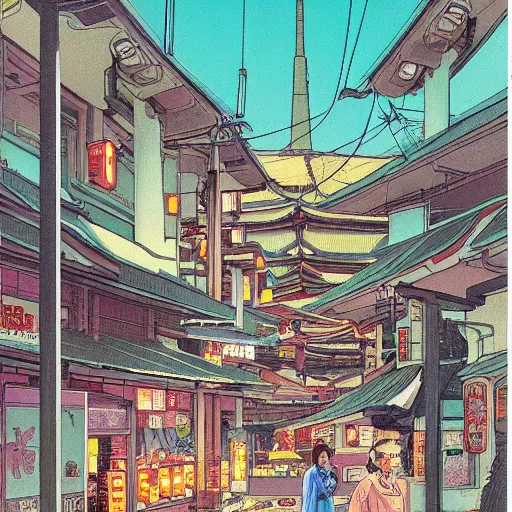 Prompt: 1979 travel magazine cover depicting a futuristic Japanese village at street level. Art in the style of Moebius, cyberpunk, masterpiece