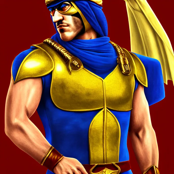Image similar to cinematic portrait, captain falcon as sheik mohammad ruler of dubai, head and torso only, masterpiece, medieval arabia, sharp, details, hyper - detailed, hd, 4 k