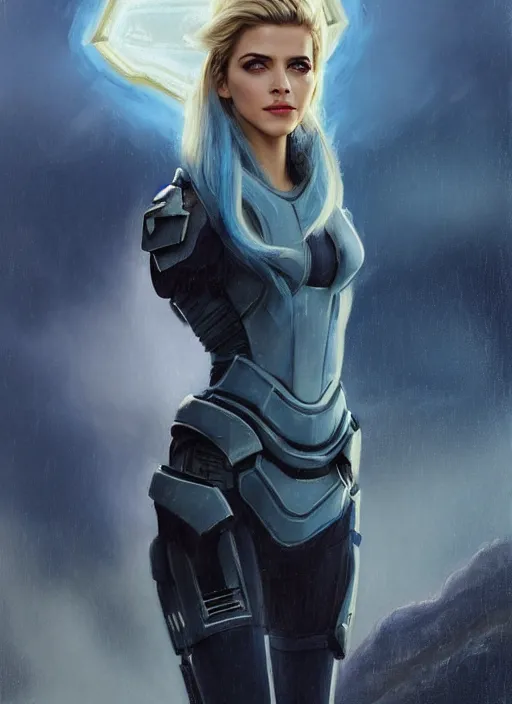 Image similar to portrait of a combination of Ashley Greene, Katheryn Winnick, Victoria Justice and Adriana Dxim, Grace Kelly, and Emma Watson with blue hair wearing Forerunner Armor from Halo, countryside, calm, fantasy character portrait, dynamic pose, above view, sunny day, thunder clouds in the sky, artwork by Jeremy Lipkin and Giuseppe Dangelico Pino and Michael Garmash and Rob Rey and Greg Manchess and Huang Guangjian, very coherent asymmetrical artwork, sharp edges, perfect face, simple form, 100mm