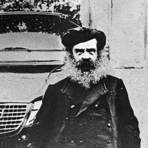 Image similar to karl marx standing by his gold mercedes