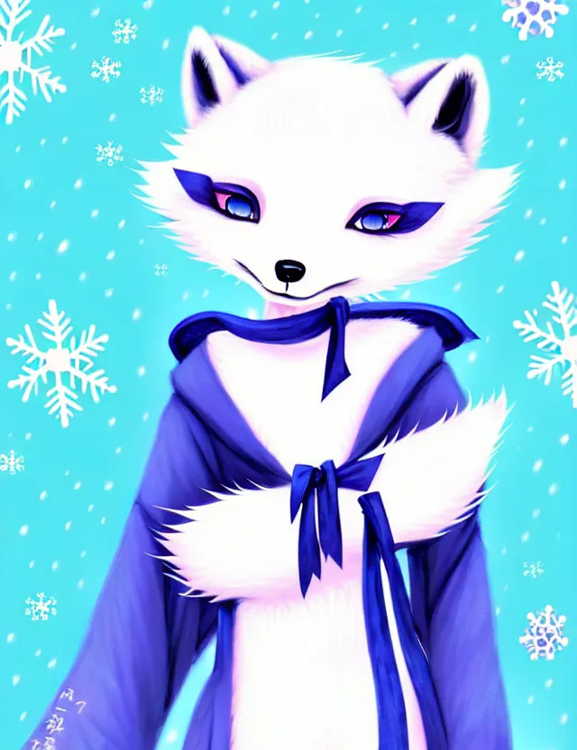 Image similar to a cute anthropomorphic arctic fox girl anthro wearing indigo ribbons and a fluffy robe, winter park background, very anime!!! kawaii!! furry!! intricate details, aesthetically complementary colors, scenic background, art by rising artists with a radically new style. trending on artstation, top rated on pixiv and furaffinity