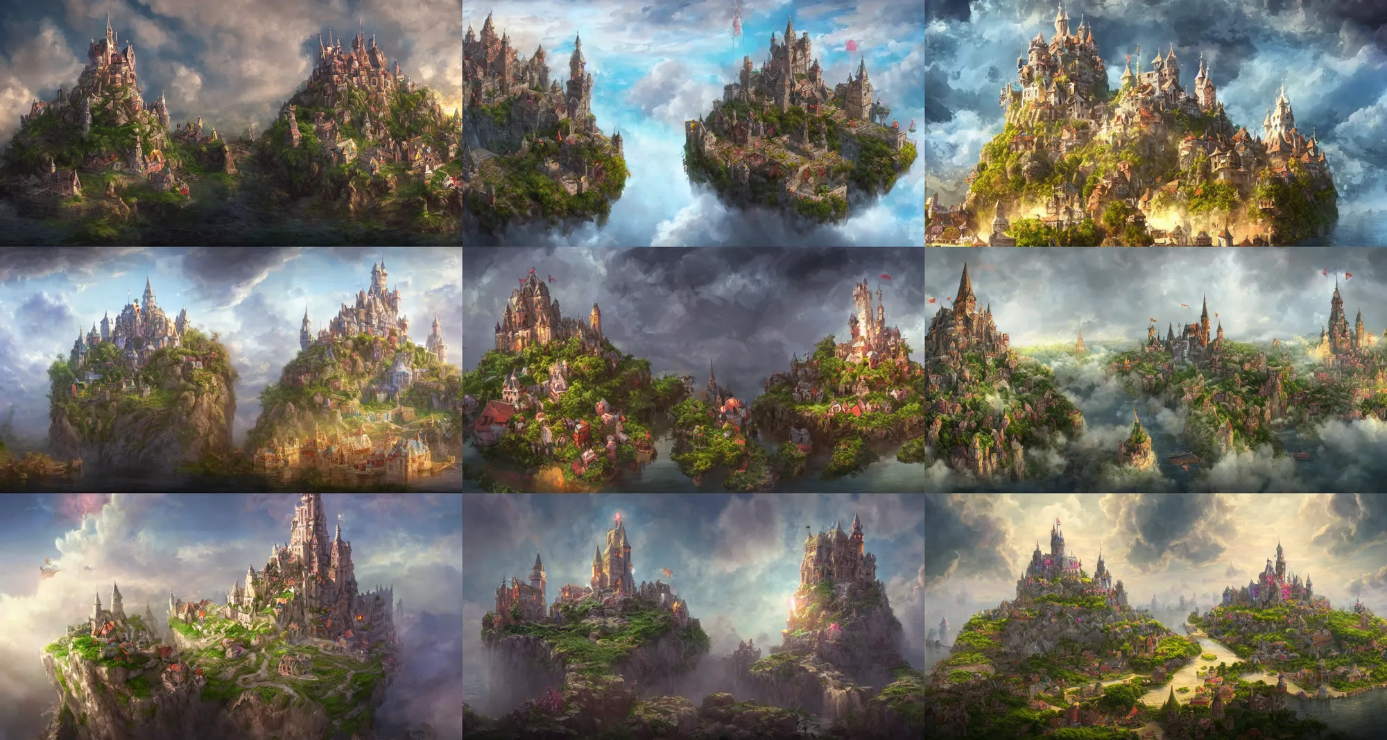 Prompt: A floating island in the clouds with a vibrant medieval village and a towering white castle on top of it, D&D, magical, highly detailed, digital painting, trending on artstation, 8k ultra realistic, atmosphere, glow, detailed, cinematic lighting, full of color