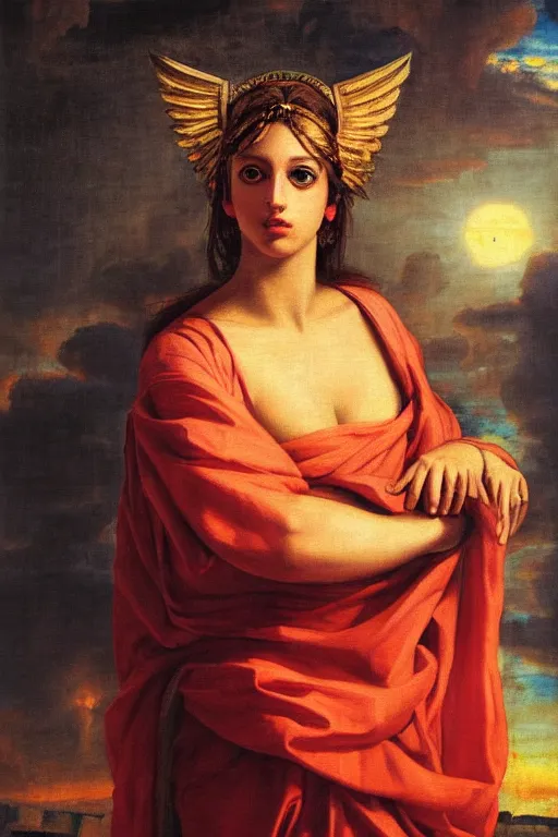 Prompt: beautiful oil painting of a Greek goddess in a toga, clothed, cyberpunk, vaporwave, symmetrical face, large eyes, magical, mythology, sunset, by Titian and Alexander Roslin, masterpiece