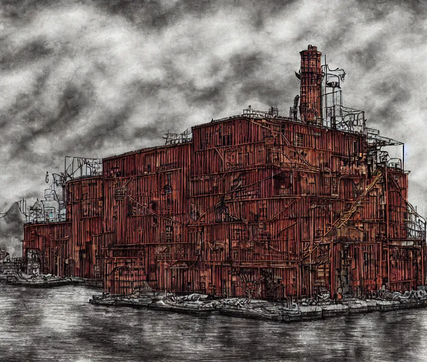 Image similar to A golden maroon steampunk factory on a harbor close to the ocean with cloudy skies in the fall months of october with steam shooting into the sky and polluting the sky, very nostalgic, very melancholic, dramatic angle, rotoscoped, rotoscope, photoshop, photomanipulation, realism, painting, illustration and sketch, weird scribbles, hybrid styles, hybrid art styles, mismatched, trending on artstation, trending on deviantart, weird, quirky, interesting, very detailed, highly detailed, HD Quality, 4k resolution, 8k resolution, in the style of David Firth, in the style of James Lee, in the style of Drue Langlois,